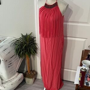 Zara Coral Halter Maxi Dress Beaded and Fringed BOHO Pockets Just Dry Cleaned